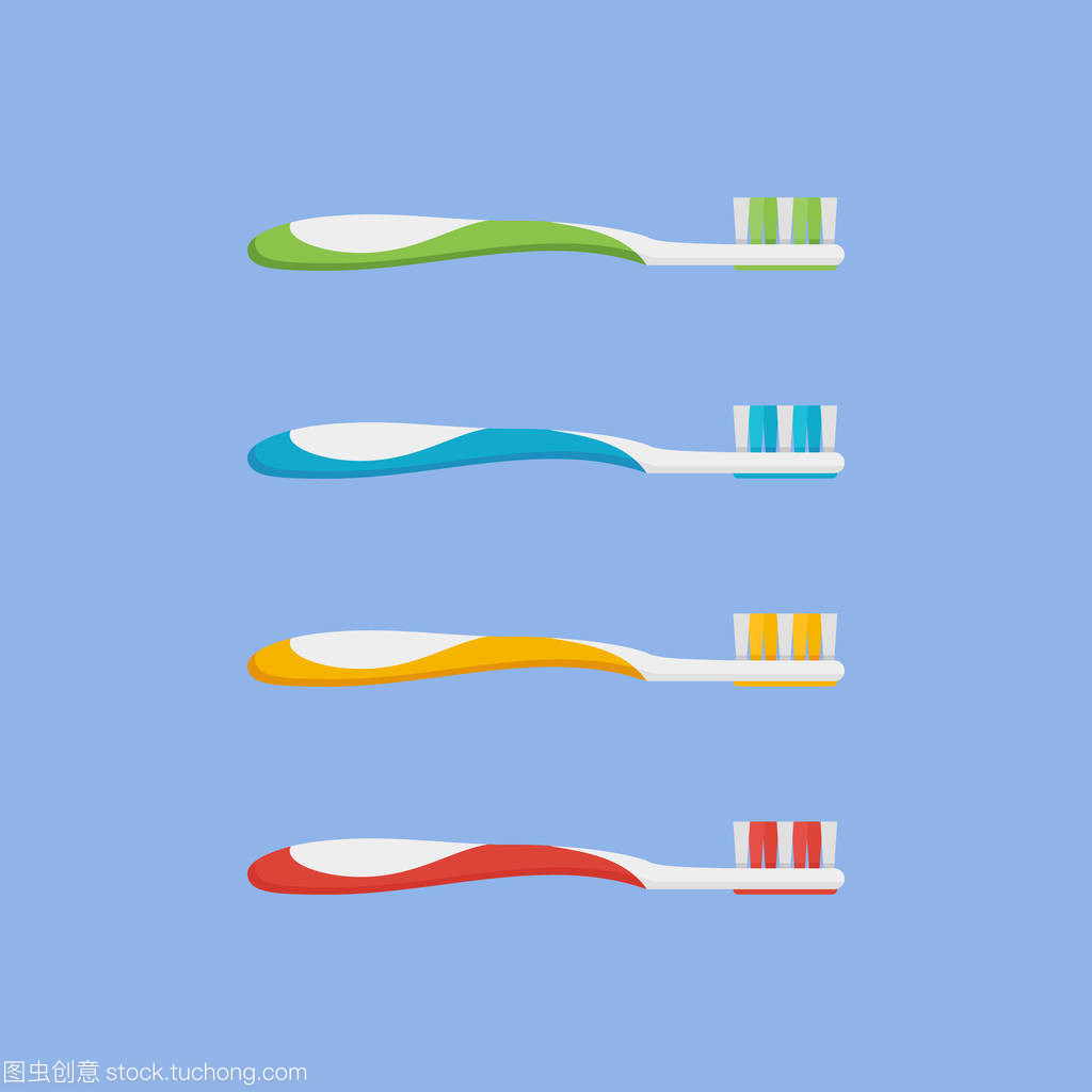 牙刷在不同的颜色的集合。平面样式图标。矢量图